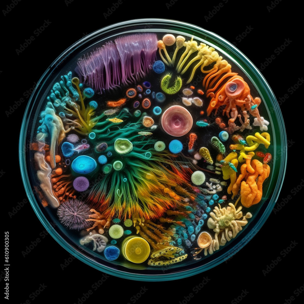 Poster A high-resolution image of a petri dish capturing the intricate details of individual bacterial colonies, highlighting their unique shapes and colors. Generative AI technology.