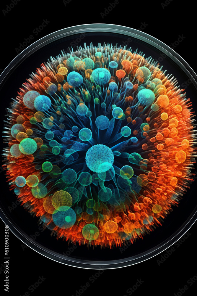 Poster A petri dish with bacterial colonies forming a dense cluster in the center and gradually spreading outwards in a radial pattern.  Generative AI technology.