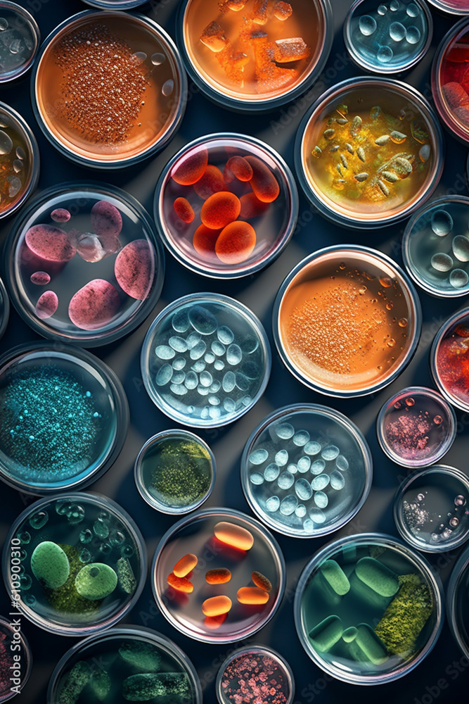 Aufkleber Multiple petri dishes showcasing bacterial colonies of varying sizes, creating a visual contrast and a sense of depth.  Generative AI technology.