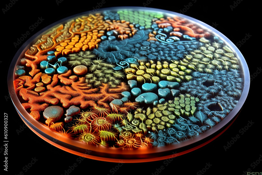 Poster An agar plate featuring bacterial colonies forming a beautiful and intricate pattern, resembling a delicate lacework design.  Generative AI technology.