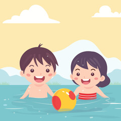 Happy Boy and Girl Character Playing Ball in Water for Pool Party on Summer Holiday.