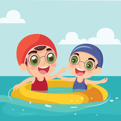 Happy Two Boys Character Wear Goggles and Swimming Inflatable Ring in Water for Pool Party on Summer Holiday.