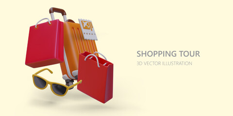 Poster with 3d realistic shopping bags, sunglasses and trolley bag. Travel luggage concept. Luggage for journey. Vector illustration in orange and red colors