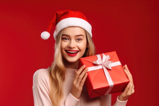 Blonde hair woman in Santa hat holding presents on red background. Generative AI