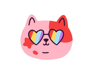Cute cat head avatar in LGBT rainbow sunglasses. Funny kitty in heart-shaped LGBTQ glasses, face portrait. Amusing lovely feline, pride month. Flat vector illustration isolated on white background