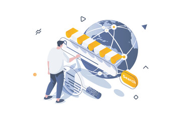 Online shopping concept in 3d isometric design. Man searching new goods in global stores sites and ordering delivery from computer. Vector illustration with isometric people scene for web graphic