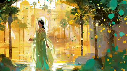 Colorful painting portrait art of the biblical Queen Esther of Persia. Christian illustration. Generative AI.