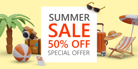 Grand summer sale. Crazy discounts up to 50 percent. Promotional template with special offer. Horizontal poster with 3D summer accessories of vacationer. Layout for shops, travel agencies