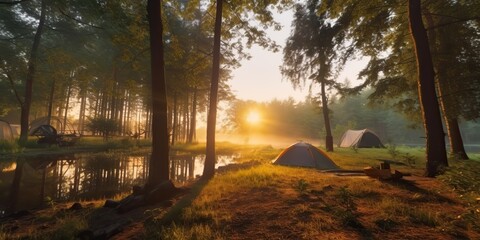 Fototapeta na wymiar AI Generated. AI Generative. Morning sunrise at camping camp tents. Adventure vacation relax trip inspirational vibe. Graphic Art