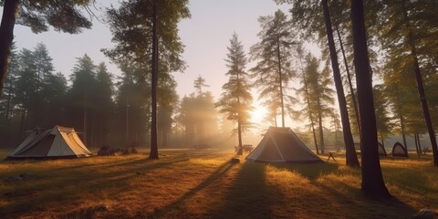 AI Generated. AI Generative. Morning sunrise at camping camp tents. Adventure vacation relax trip inspirational vibe. Graphic Art