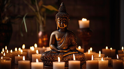 Ancient Buddha Statue Surrounded by Candles
