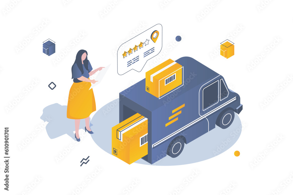 Poster transportation logistics concept in 3d isometric design. woman using delivery company service for ca