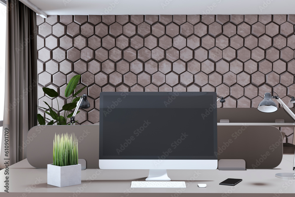 Poster close up of creative designer office interior with decorative wall, empty computer screen and other 