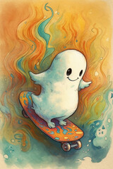 cute friendly ghost on skateboard Generative AI