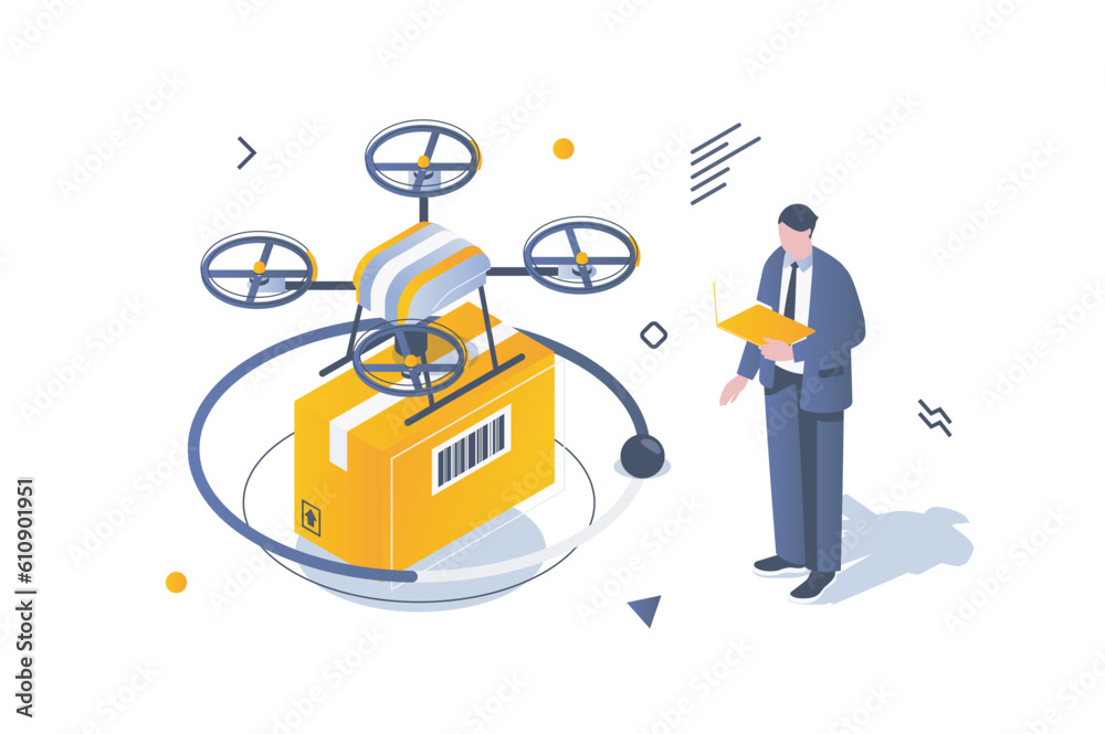Poster transportation logistics concept in 3d isometric design. man uses drone flying delivery service for 