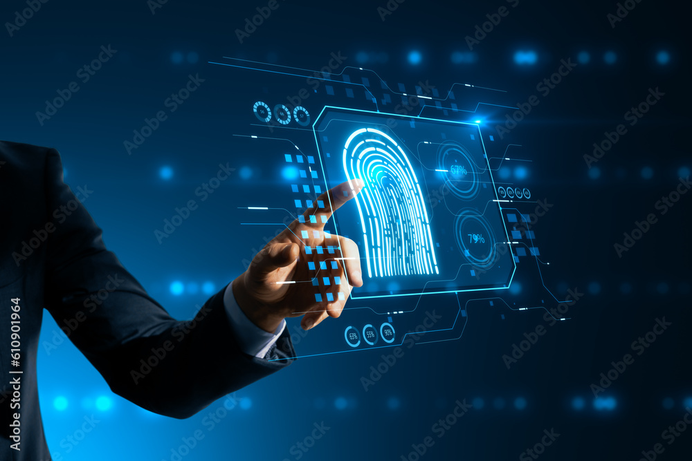Poster hi tech protection, biometric identification and security scanning concept businessman hand on digit