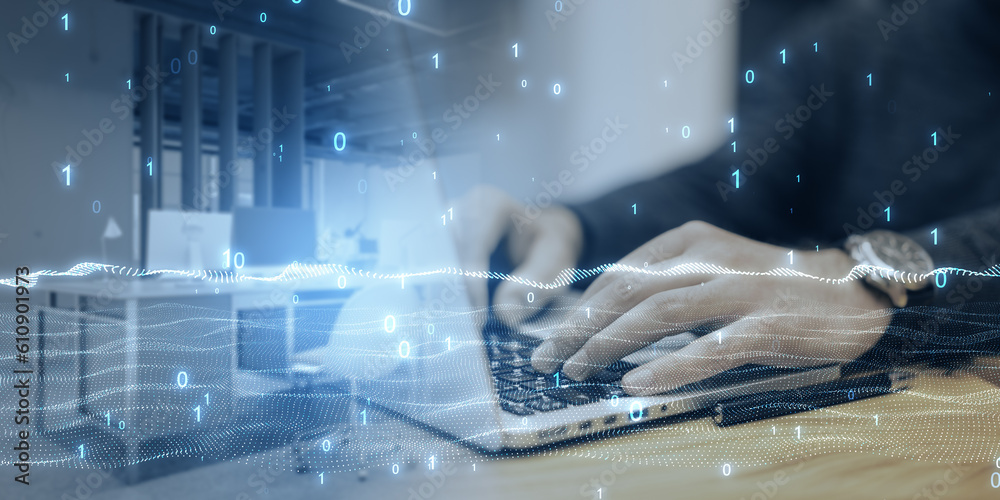 Poster Wide image of businessman hand using laptop on abstract blurry office background with binary coding and digital wave. Big data and technology concept. Double exposure.
