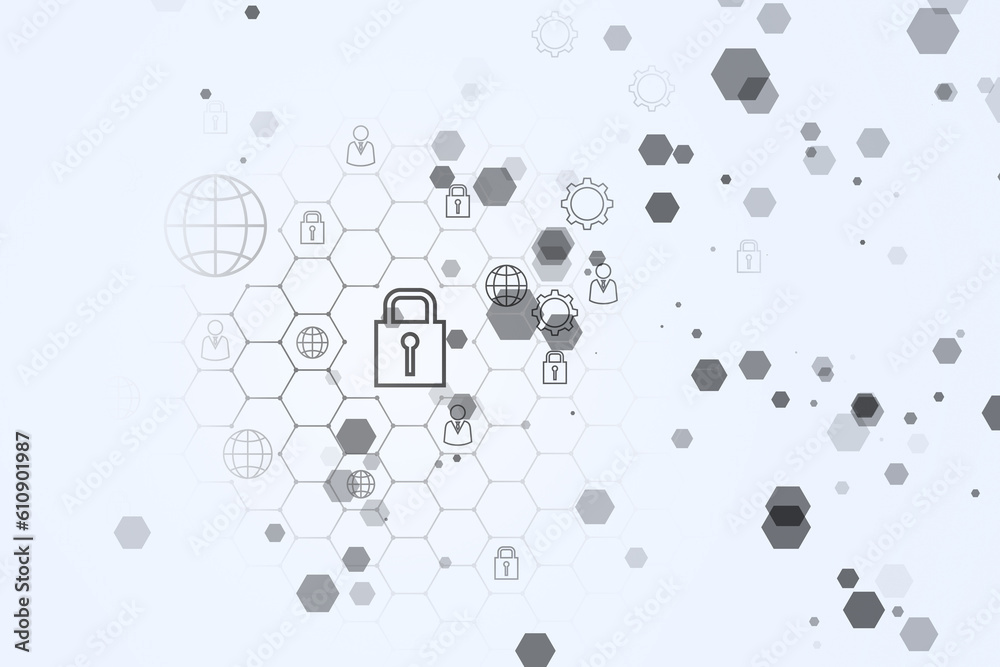 Poster Creative white security landing page backdrop with hexagons and other icons. 3D Rendering.