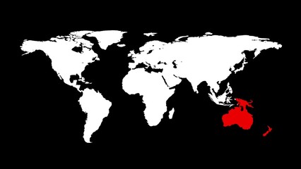 World map with red Australia. Whole world map on black background. Infographic design. Business or travel concept. Virus infection. 3D animation