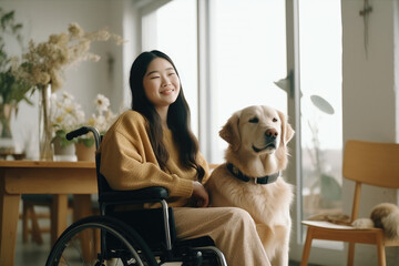 woman sitting on wheelchair with dog. Generative AI