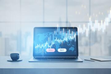Close up of laptop at workplace with glowing blue sell and buy buttons, map and candlestick forex chart on blurry window city view background. Trading and exchange concept. 3D Rendering.