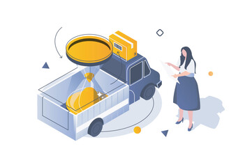 Transportation logistics concept in 3d isometric design. Woman ordering cargo delivery of boxes and waiting for truck car to arrive. Vector illustration with isometric people scene for web graphic