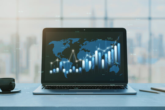 Close up of laptop at office desk with coffee cup and creative business chart, map and index on blurry window city view background. Financial growth, global business and data concept. 3D Rendering.