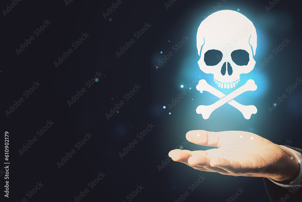 Poster Close up of hand holding glowing white skull hologram on dark background with mock up place for your text. Cyber attack and malware concept.