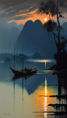 painting of mekong river at dawn Generative AI