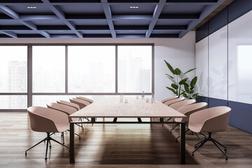 Bright conference room interior with furniture, concrete wooden and window and city view. 3D Rendering.