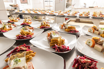 Many plates of appetizers