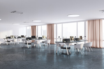 Perspective view of open space office coworking interior with comfortable workplaces, desks with computers, concrete floor, white walls, and window with curtains. Modern workspace design. 3D Rendering