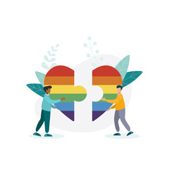 Homosexual couple. Vector illustration of two young people who are holding halves of hearts. Gay couple in love look at each other. Flat style.
