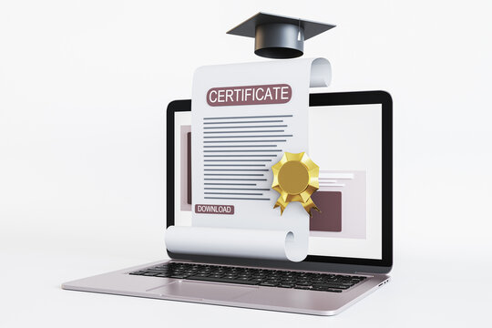 Obtaining a diploma and e-learning courses concept with perspective view on qualification certificate with golden seal, black graduation hat and modern laptop on white background. 3D rendering