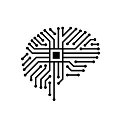 Black and white artificial intelligent symbol of brain circuit board vector icon suitable for AI technology trends, tech in general, crypto mining robot, nft, crypto currency coin and many