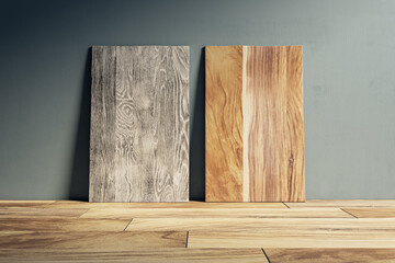Two empty wooden panel leaning on concrete wall. Design and mock up template. 3D Rendering.