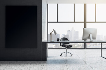 Modern office interior with empty black mock up banner on wall, concrete flooring, equipment, furniture and panoramic window with city view. 3D Rendering.