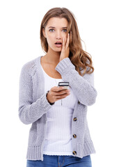 Shocked portrait, confused and phone of woman isolated on transparent png background for fake news,...