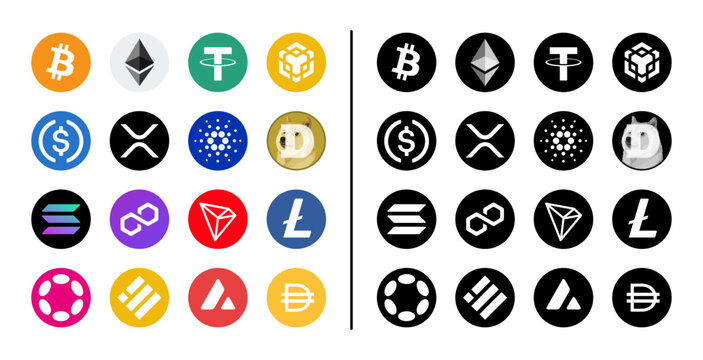 Set of main crypto vectors. Icons and logos cryptocurrencies.  Color, black and white versions , bitcoin , ethereum, ripple, cardano, litecoin, polkadot...