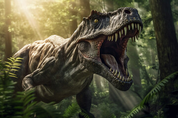 Obraz premium Tyrannosaurus rex is roaring in forest and light beam . Created by generative AI .