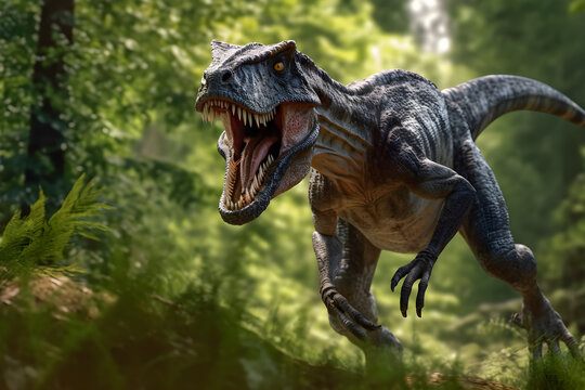 Velociraptor is running in forest . Created by generative AI .