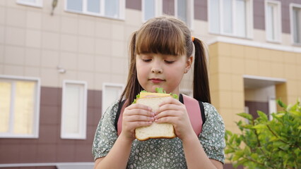 little girl schoolgirl eats sandwich, eat school, children delicious snack, kid food, healthy...