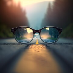 a pair of sunglasses reflecting road in the reflection glasses on the ground