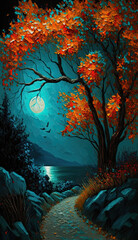 landscape painting with trees and a moon