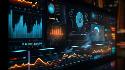 Fototapeta na wymiar Enriched data monitoring: Monitor screen perspective displaying digital analytics visualization and financial schedule. Generative AI