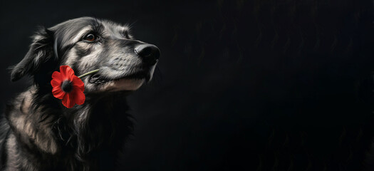 Veterens Dog holding a poppy-like flower in his mouth honoring veterans or his owner. Concept of griefing dog. A pet store or shelter memorial day. Black banner. Created with generative AI technology.
