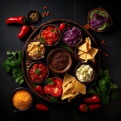 Top view of Mexican food tortilla chips and snacks. Created with generative AI technology.