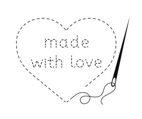 Silhouette of embroidered heart with thread, sewing needle and inscription "made with love". Black isolated vector illustration of handmade work and creative occupation