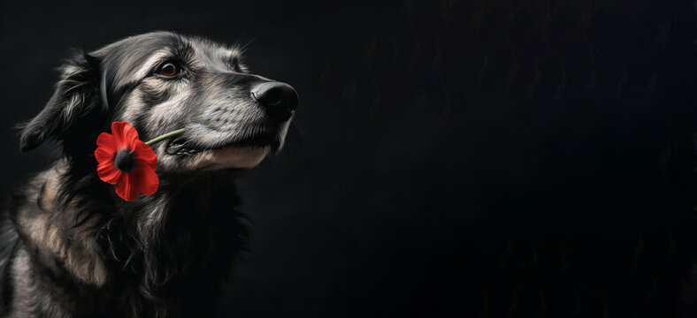 Veterens Dog holding a poppy-like flower in his mouth honoring veterans or his owner. Concept of griefing dog. A pet store or shelter memorial day. Black banner. Created with generative AI technology.