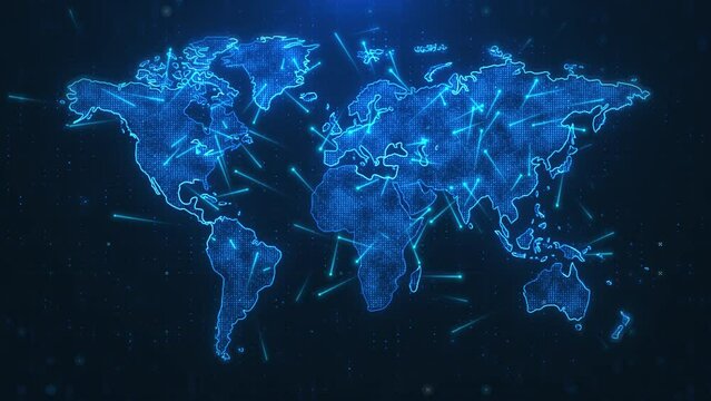 Digital Technology World Map Animation. Glowing Connections in Global Blue World Map Loop with Visual Effects